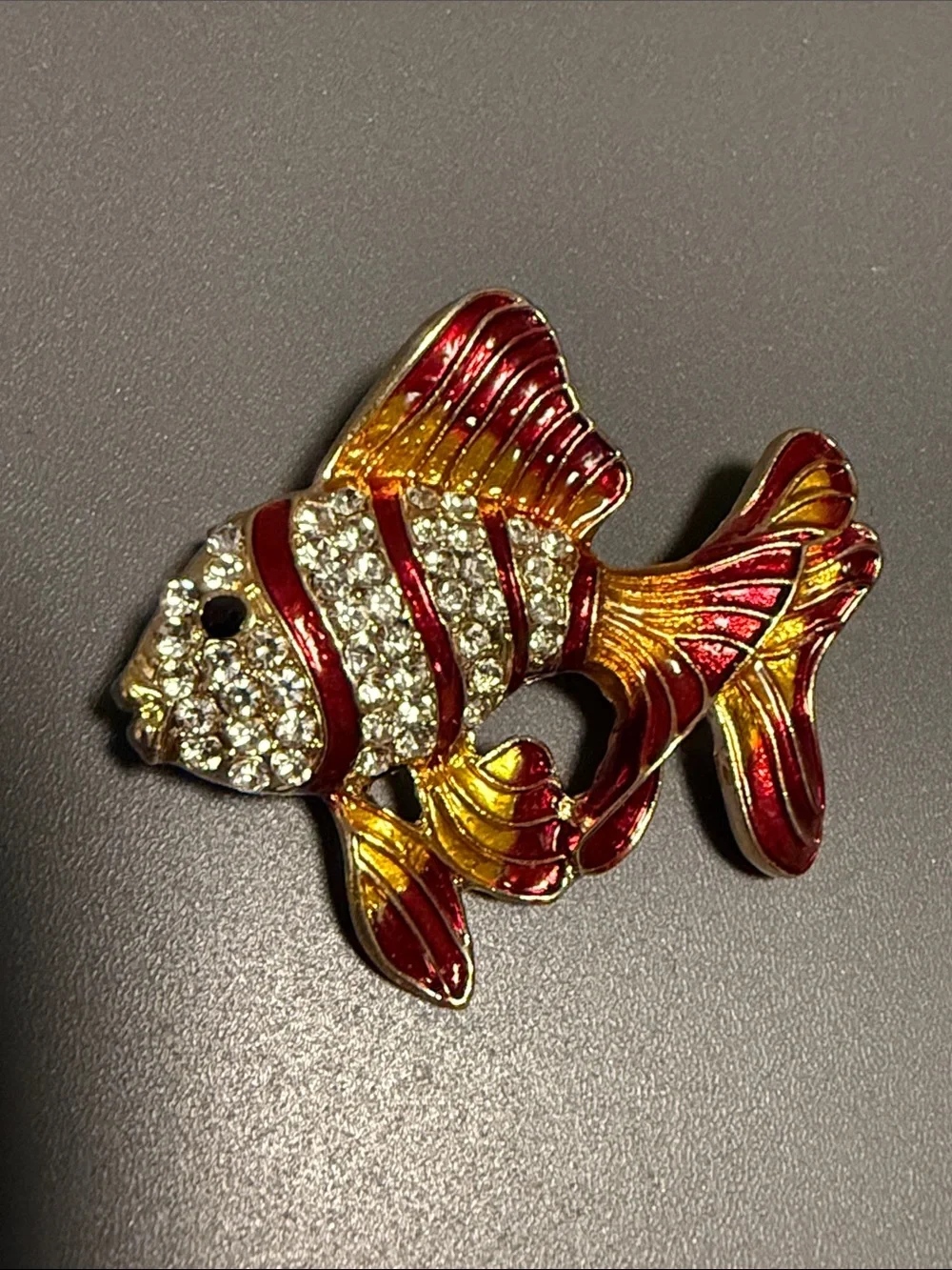 Gold tone, red enamel, beta fish, rhinestone brooch